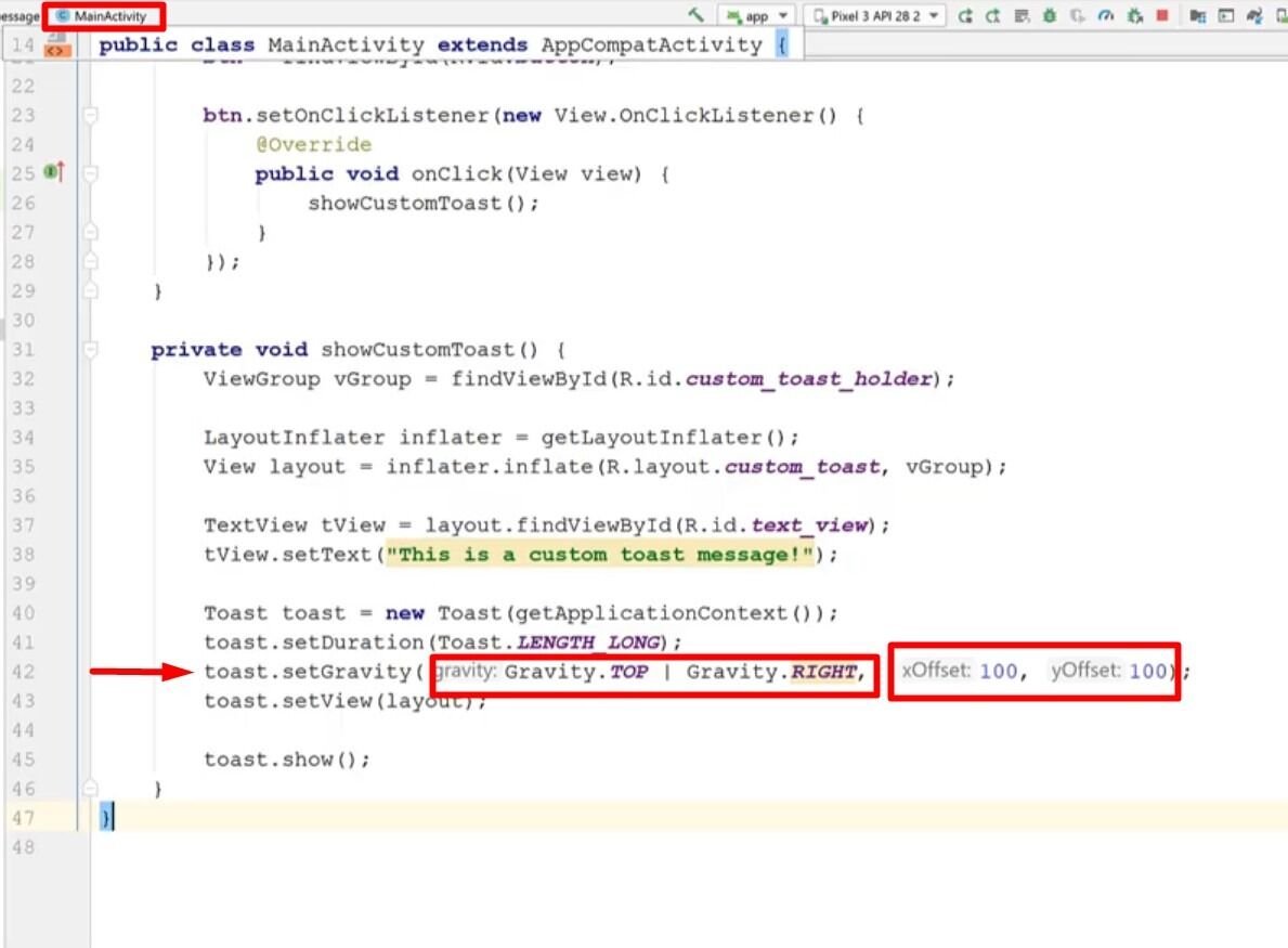 custom toast message reposition the message