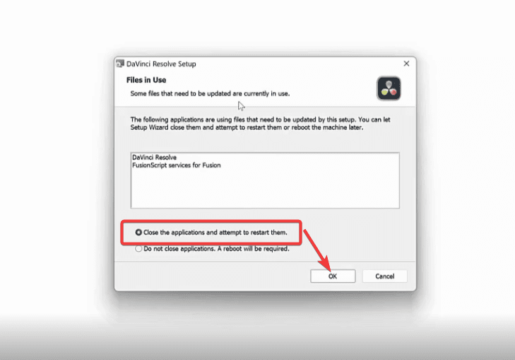 DaVinci Resolve Setup - Close the applications window DaVinci Resolve Setup - Close the applications window